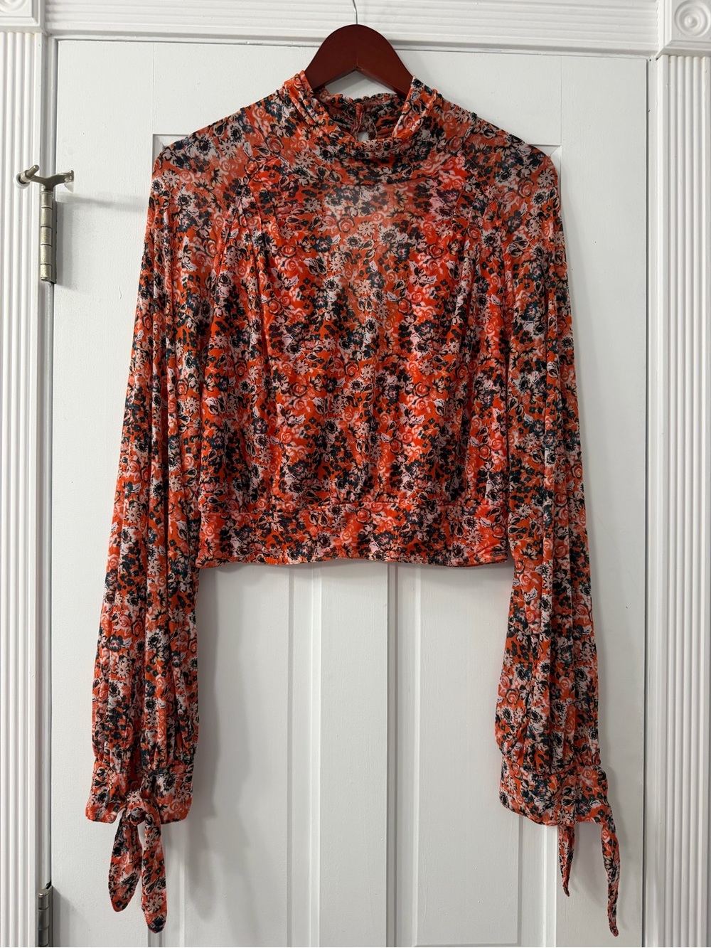 Free People Orange Floral Mock Neck Long Sleeve Crop Top